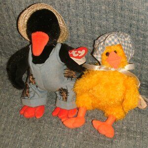 Set 2 Vintage TY 1993 ATTIC TREASURES yellow DUCK BONNIE Black CROW CAWLEY w/TAG